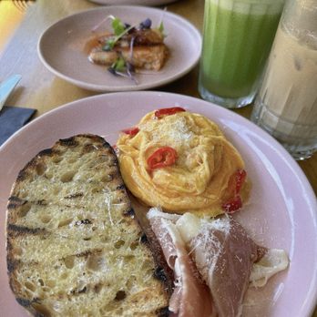 Odettes Eatery - Ice coffee  Green juice  Teriyaki salmon  Spicy omelette +ham - Bars Near Me - Auckland, AUK