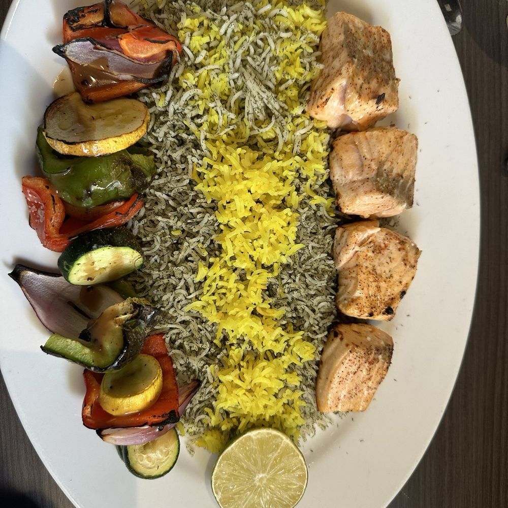 Flames Mediterranean Restaurant - Salmon Kabob with Dill Rice - Mediterranean Near Me - Shreveport, Louisiana Flames Mediterranean Restaurant - Salmon Kabob with Dill Rice - Mediterranean Near Me - Shreveport, Louisiana