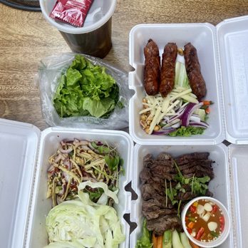 Yai Restaurant - Our to-go orders L-R: beef tendon soup, thai sausage, beef saded and bamboo shoot salad. All yummy. - Thai Near Me - Los Angeles, California Yai Restaurant - Our to-go orders L-R: beef tendon soup, thai sausage, beef saded and bamboo shoot salad. All yummy. - Thai Near Me - Los Angeles, California