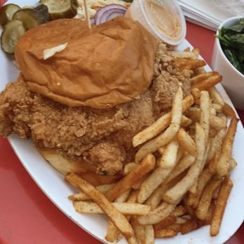 Peaches - Fried Chicken Sandwich with fries (add their bbq seasoning) and a side of spinach - Southern Near Me - Brooklyn, New York Peaches - Fried Chicken Sandwich with fries (add their bbq seasoning) and a side of spinach - Southern Near Me - Brooklyn, New York