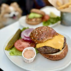1/2 lb Barney's Burger ($16.95 + $2.25 cheese) + Wild Salmon Patty Burger ($15.95 + $3.50 avocado)