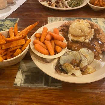 Lambert's Cafe - Ozark - Chicken fried steak & mashed potatoes, carrots, sweet potato fries, and fried potatoes - American Near Me - Ozark, Missouri Lambert's Cafe - Ozark - Chicken fried steak & mashed potatoes, carrots, sweet potato fries, and fried potatoes - American Near Me - Ozark, Missouri