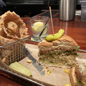 Hops Burger Bar - Crabby Patty sandwich and rings. - Burgers Near Me - Greensboro, North Carolina Hops Burger Bar - Crabby Patty sandwich and rings. - Burgers Near Me - Greensboro, North Carolina