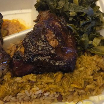 Sweet Pepper Caribbean Restaurant - Jerk Chicken with Rice & Peas and collard greens - Caribbean Near Me - Biloxi, Mississippi
