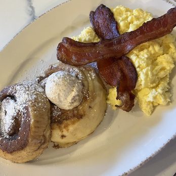 The Egg Of Estes - Cinnamon Roll French Toast, Scrambled Eggs, and Crispy Bacon - Cafes Near Me - Estes Park, Colorado The Egg Of Estes - Cinnamon Roll French Toast, Scrambled Eggs, and Crispy Bacon - Cafes Near Me - Estes Park, Colorado