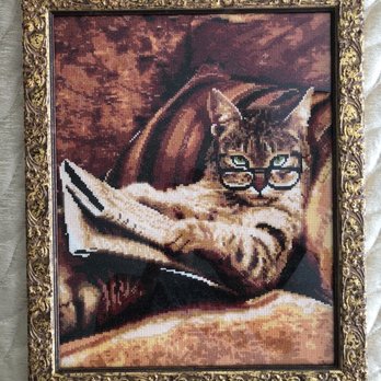 The Framing Corner - Custom Picture Framing - Cross-stitched cat portrait surrounded by antique oxidized gold frame - Framing Near Me - Mission Viejo, California The Framing Corner - Custom Picture Framing - Cross-stitched cat portrait surrounded by antique oxidized gold frame - Framing Near Me - Mission Viejo, California