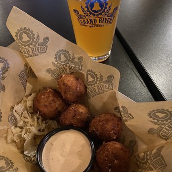 Grand River Brewery - Reuben Fritters appetizer and planet basil ale - Brewpubs Near Me - Marshall, Michigan Grand River Brewery - Reuben Fritters appetizer and planet basil ale - Brewpubs Near Me - Marshall, Michigan