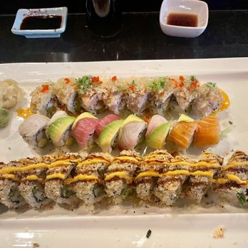Sapporo Japanese Restaurant - From top to bottom: Out of control roll, Rainbow roll, Scorpion Roll. - Japanese Near Me - Hudson, Wisconsin Sapporo Japanese Restaurant - From top to bottom: Out of control roll, Rainbow roll, Scorpion Roll. - Japanese Near Me - Hudson, Wisconsin