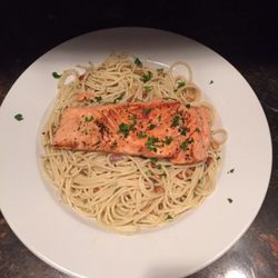 AJ's Armenian Cuisine - Broiled Salmon over garlic pasta
