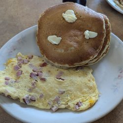 Family Pancake House - West Bremerton - Ham & cheese omelette with three pancakes