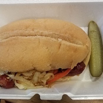 Fils Polish American Deli - Lunch special kielbasa on a roll with onions and peppers and a pickle - Delis Near Me - Cromwell, Connecticut