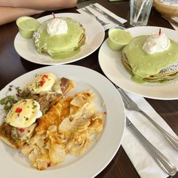 green tea pancakes (so good we had to get 2) and siam benedict (so good) green tea pancakes (so good we had to get 2) and siam benedict (so good)