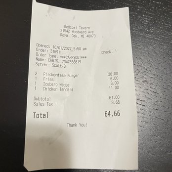 Redcoat Tavern - Receipt - Bars Near Me - Royal Oak, Michigan