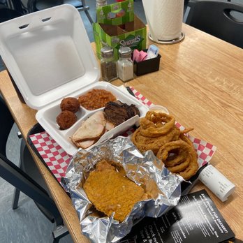 Risin' Smoke Barbecue - 3 meat combo; pork chop, smoked turkey and beef brisket with O rings and Beans!! Yum - Barbeque Near Me - South Hill, Virginia Risin' Smoke Barbecue - 3 meat combo; pork chop, smoked turkey and beef brisket with O rings and Beans!! Yum - Barbeque Near Me - South Hill, Virginia