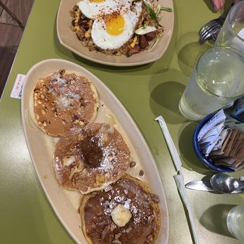 Snooze, an A.M. Eatery - Pancake flight and pork belly jalapeño fried rice - Breakfast & Brunch Near Me - Orange, California