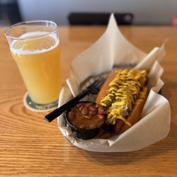 29 Palms Beer - Haw Haw Hazy IPA and kraut dog with peppers and mustard!