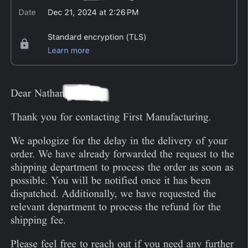 First Manufacturing Company - Emails & chat logs with First Mfg customer service. - Leather Goods Near Me - Freeport, New York