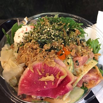 FOB Poke Bar- Seattle - Made my own... Don't be fooled by this rabbit food looking bowl.. beneath this mound of toppings is some fine poke - Poke Near Me - Seattle, Washington FOB Poke Bar- Seattle - Made my own... Don't be fooled by this rabbit food looking bowl.. beneath this mound of toppings is some fine poke - Poke Near Me - Seattle, Washington