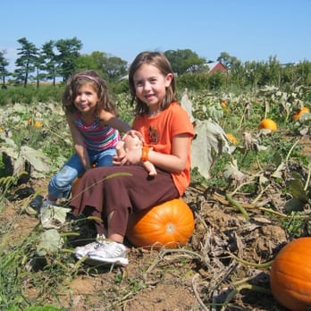 Shaw Orchards - two girls sitting in a pumpkin patch - Fruits & Veggies Near Me - White Hall, Maryland