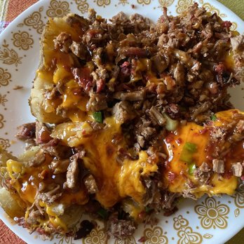 The Original Willies Bar-B-Q - Stuffed baked potato with all the toppings. - Barbeque Near Me - Alamo, Texas The Original Willies Bar-B-Q - Stuffed baked potato with all the toppings. - Barbeque Near Me - Alamo, Texas