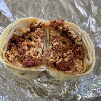 Taco Bar - Chorizo breakfast burrito (no potatoes). Can add steak or other meat to it. - Mexican Near Me - San Marcos, California Taco Bar - Chorizo breakfast burrito (no potatoes). Can add steak or other meat to it. - Mexican Near Me - San Marcos, California