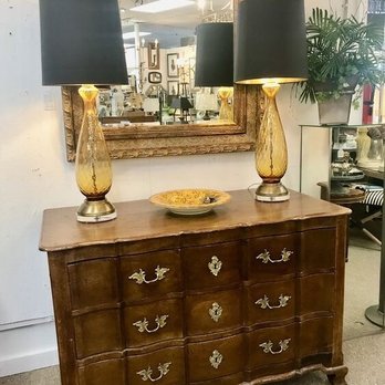 Antiques & Beyond - Antique continental commode chest of drawers, pair of vintage lamps, large gold framed beveled mirror. - Furniture Stores Near Me - Atlanta, Georgia
