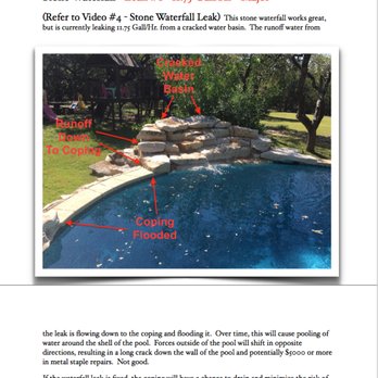 A+ Pool Leak Detectives - Page from a Homebuyer Pool Inspection. The pool coping next to the fountain was flooded. Leaky fountain water basin. - Pool & Hot Tub Service Near Me - Austin, Texas A+ Pool Leak Detectives - Page from a Homebuyer Pool Inspection. The pool coping next to the fountain was flooded. Leaky fountain water basin. - Pool & Hot Tub Service Near Me - Austin, Texas
