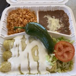 Taqueria El Primo - Chicken Enchiladas rice beans salad so clean an fresh