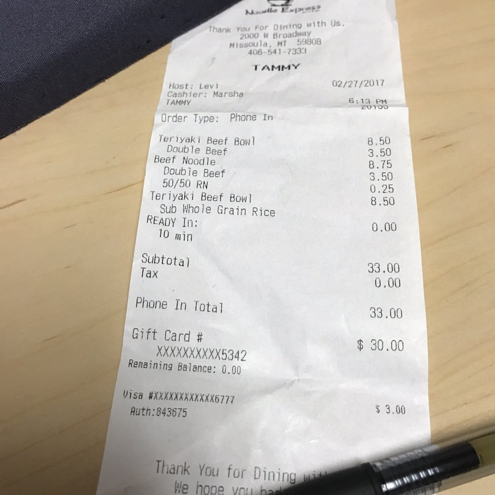 Noodle Express - a receipt and a pen - Asian Fusion Near Me - Missoula, Montana Noodle Express - a receipt and a pen - Asian Fusion Near Me - Missoula, Montana
