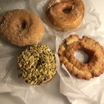 Do-Rite Donuts & Chicken - From top left to right: Vanilla Bean Glazed Cinnamon Crunch, Vanilla Bean Glazed, Pistachio Meyer Lemon, Chocolate Old Fashioned - Donuts Near Me - Chicago, Illinois