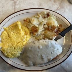 B Town Restaurant - Chicken Fried Steak, scrambled eggs and American fries