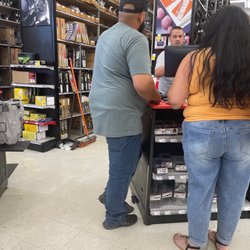 Auto Zone - Long wait time with two people working. Must be cutting down on hiring. Opposss, three people. Someone should notice a person with a cane