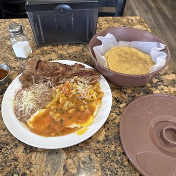 Hijas de villa  - Huevos Rancheros home made tortillas. added meat for $5 more sauces look home made too - Mexican Near Me - Colton, California