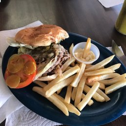 Mushroom Swiss burger basket (with fries) - I already ate half the fries. Delicious burger and fries fried perfectly!! Mushroom Swiss burger basket (with fries) - I already ate half the fries. Delicious burger and fries fried perfectly!!