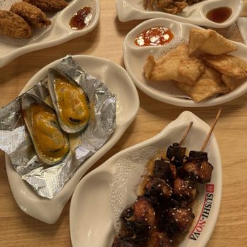 Sushi Nova - teriyaki chicken skewer, 2 Baked Mussels, Crab Rangoon, Soft Shell Crab, Fried Oyster - Sushi Bars Near Me - Chicago, Illinois