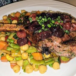 Leo's Ristorante - Bone-In Pork Chop w/ Pan Cherry Glaze over Spring Succotash