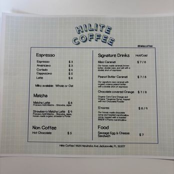 Hilite Coffee - Paper menu. - Coffee & Tea Near Me - Jacksonville, Florida