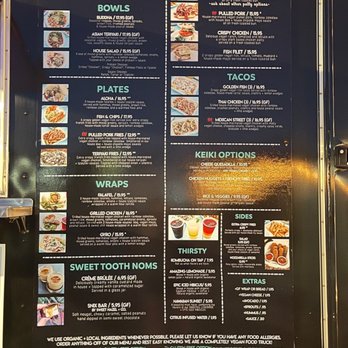 Earth Aloha Eats - The menu at Earth Aloha Eats food truck. Lots of variety: tacos, burgers, faux chicken, faux fish, fries, desserts, etc. - Vegan Near Me - Kahului, Hawaii