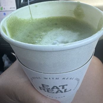 Eat Real Cafe - Hot matcha latte with coconut milk and agave sweetener. Pretty good! - New American Near Me - Valencia, California Eat Real Cafe - Hot matcha latte with coconut milk and agave sweetener. Pretty good! - New American Near Me - Valencia, California