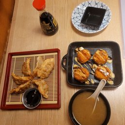 Gyoza, miso soup, fried scallops Gyoza, miso soup, fried scallops