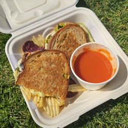 Red Barn - The Green Garden $14 - local avocado, kale, goat cheese and tarragon herb spread with Muenster cheese + side of tomato soup $3
