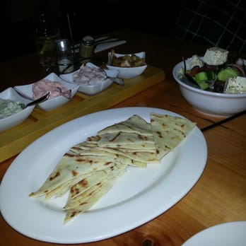 Argo Hellenic Cafe Restaurant - Trio of Dips and Greek Salad. - Restaurants Near Me - Port Adelaide, SA