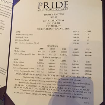 Pride Mountain Vineyards - Tasting menu! Highly recommend the Cabernet Sauvignon - Wineries Near Me - St. Helena, California