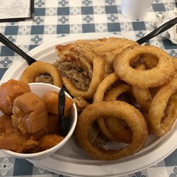 Joe's Barbecue Kitchen - Platter with pulled pork, fried chicken, onion rings, yams,