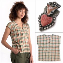 Maya - Bridge & Burn Shirt. Ristra Ranch deer pin, hand crafted in New Mexico
