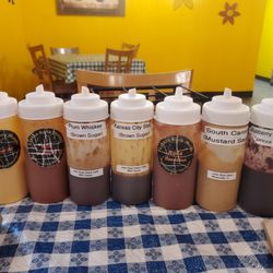 Little Rock Stock Cafe - Amazing sauces L to R: Sriracha Mayo, House BBQ, Plum Whiskey, Kansas City, Carolina Vinegar, Carolina Mustard, Blueberry Chipotle