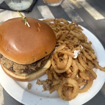 Gigglewaters - Truffle Shuffle Burger (without cheese) and Onion Tanglers - American Near Me - Safety Harbor, Florida Gigglewaters - Truffle Shuffle Burger (without cheese) and Onion Tanglers - American Near Me - Safety Harbor, Florida