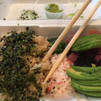 Poke District - Ahi, brown rice, avocado and sweet sauce. Side of Godzilla sauce and it was perfect! - Seafood Near Me - Orange, California
