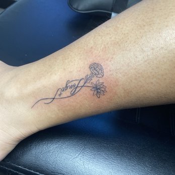 Jesmaster Ink - Mother and Daughter birth flower ankle tattoo with our middle name we share. - Tattoo Near Me - San Diego, California