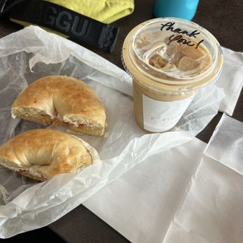 Cassidy's Corner Cafe LBX - Sourdough bagel with bacon & egg white Caramel Latte - Coffee & Tea Near Me - Long Beach, California Cassidy's Corner Cafe LBX - Sourdough bagel with bacon & egg white Caramel Latte - Coffee & Tea Near Me - Long Beach, California